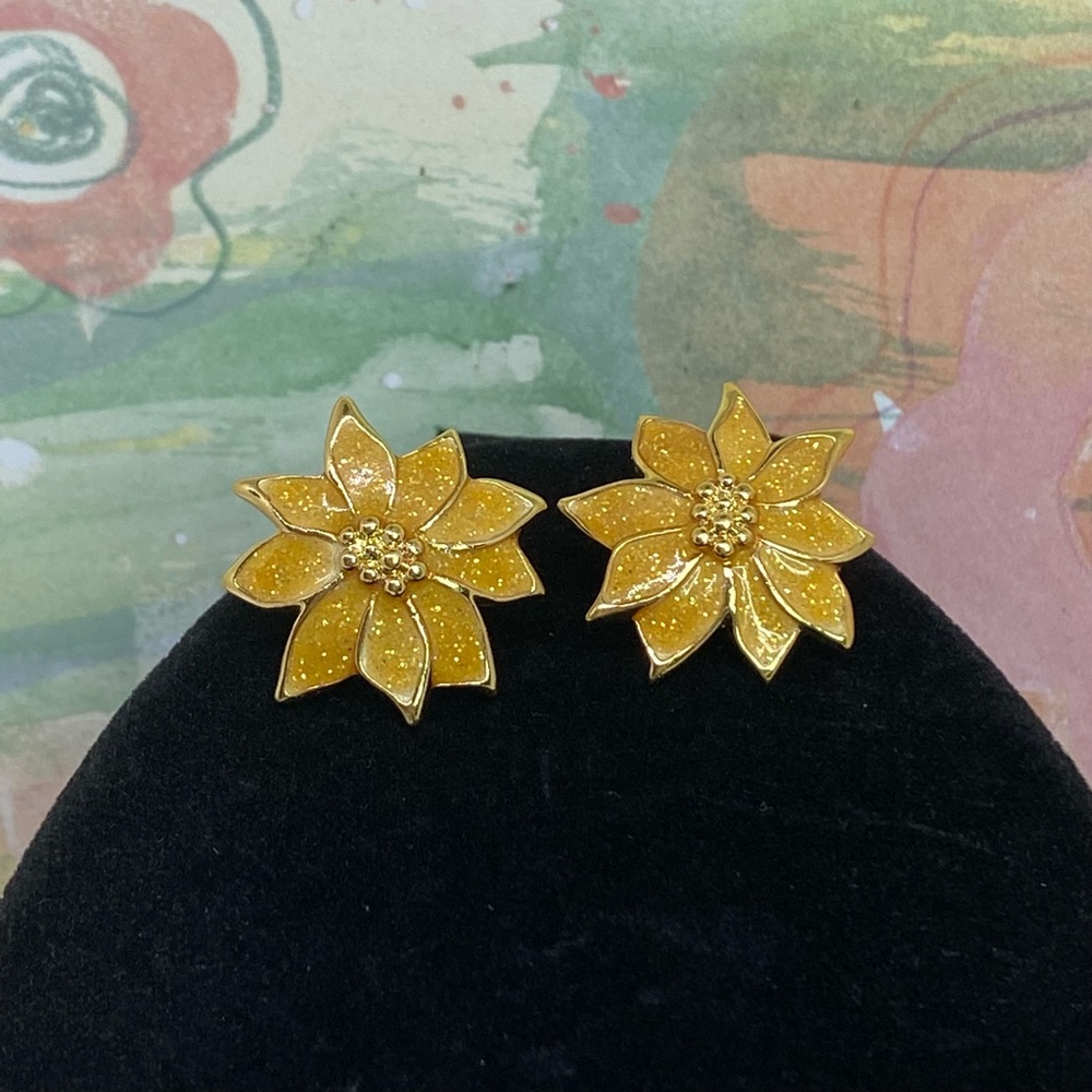 Vintage Golden Yellow Glitter Enameled Poinsettia Earrings